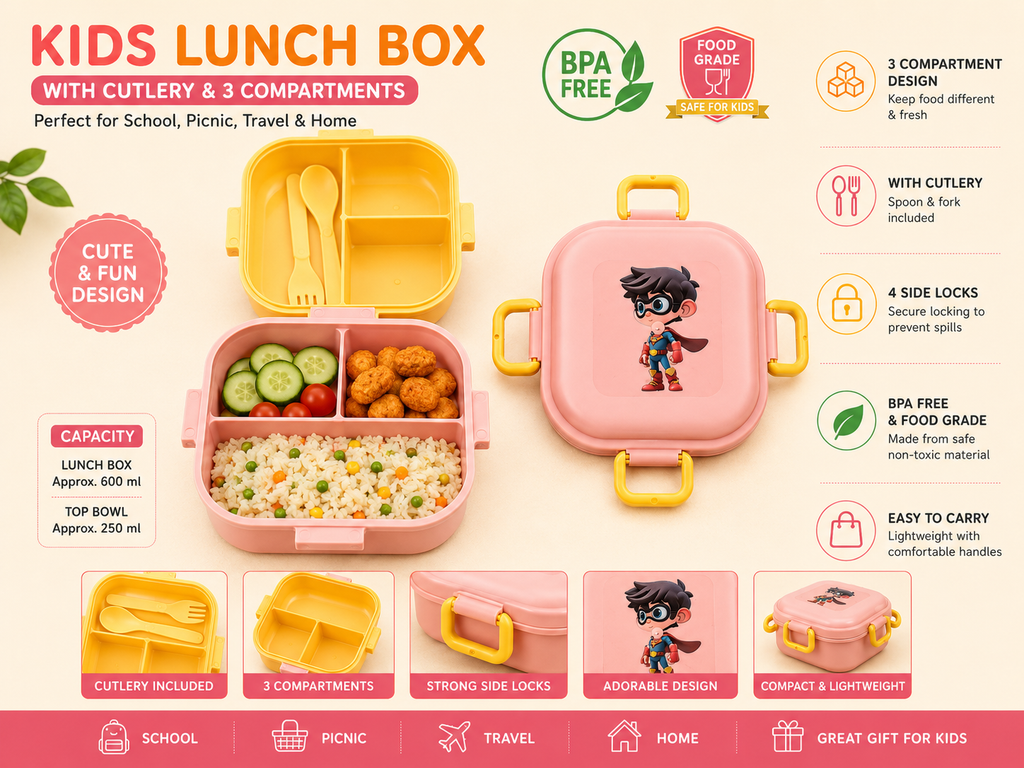Kids Lunch Box with Cutlery | 3 Compartment BPA Free Food Grade Lunch Box for School