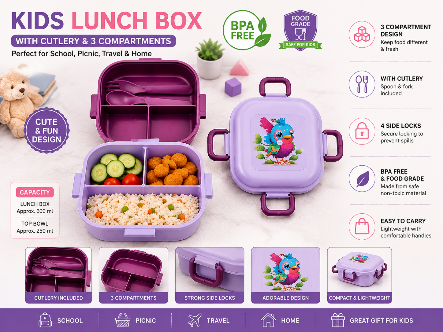 Kids Lunch Box with Cutlery | 3 Compartment BPA Free Food Grade Lunch Box for School