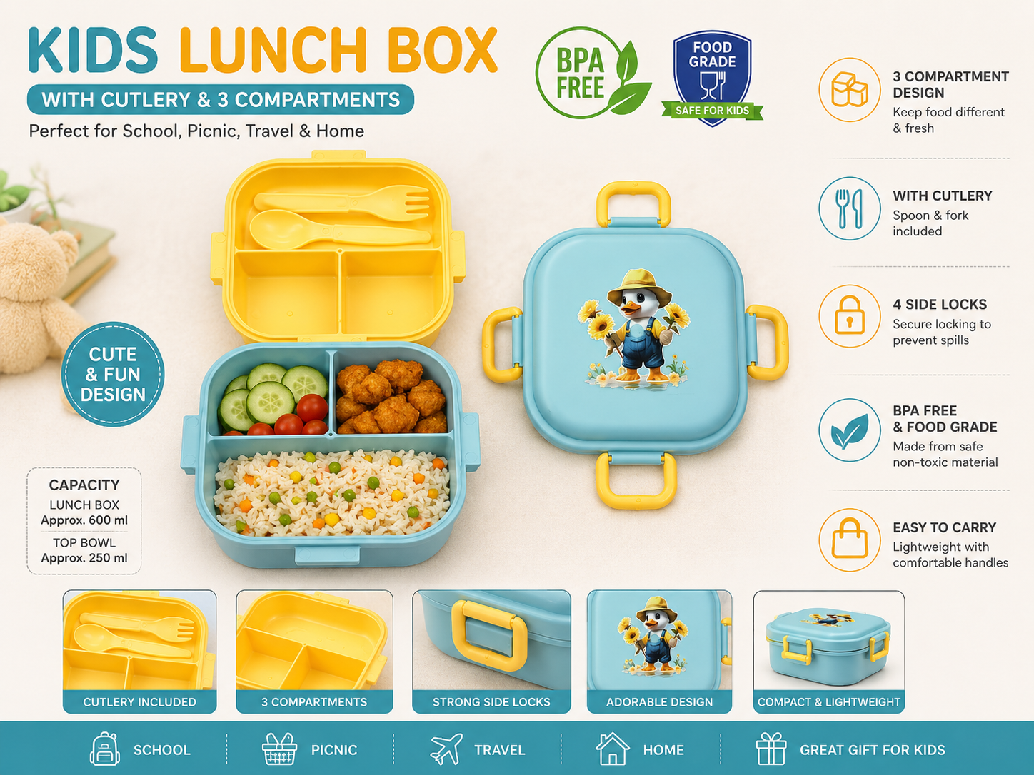 Kids Lunch Box with Cutlery | 3 Compartment BPA Free Food Grade Lunch Box for School