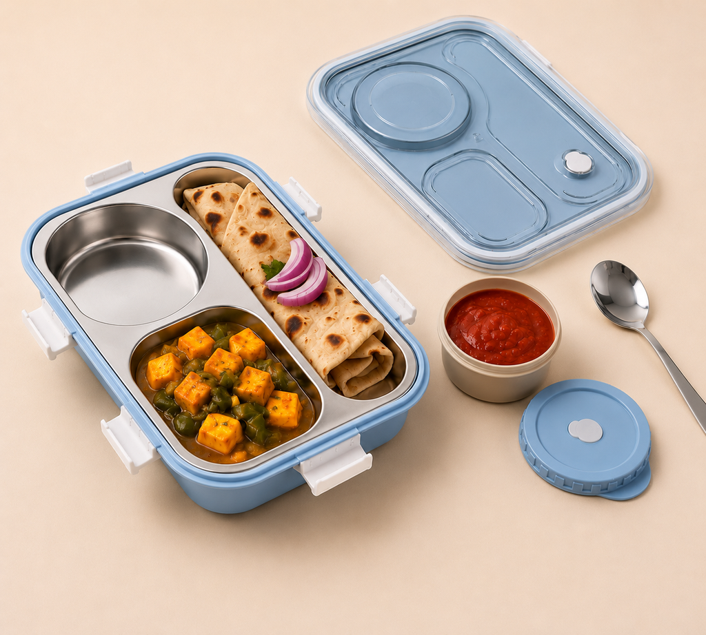 Leakproof Stainless Steel Lunch Box with 3 Compartments & Sauce Container | BPA Free (Random Color)