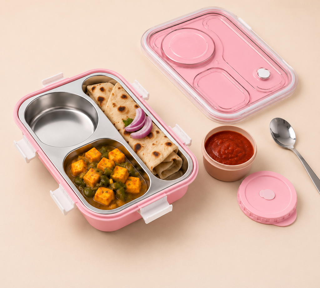 Leakproof Stainless Steel Lunch Box with 3 Compartments & Sauce Container | BPA Free (Random Color)
