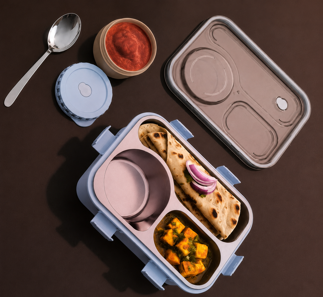 Leakproof Stainless Steel Lunch Box with 3 Compartments & Sauce Container | BPA Free (Random Color)