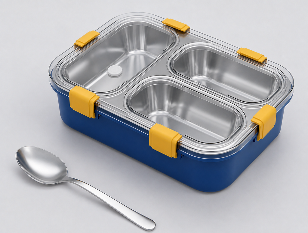 3 Compartment Stainless Steel Lunch Box | Leakproof Bento Lunch Box with Spoon | Airtight Food Storage Container (Blue/Yellow/Orange)