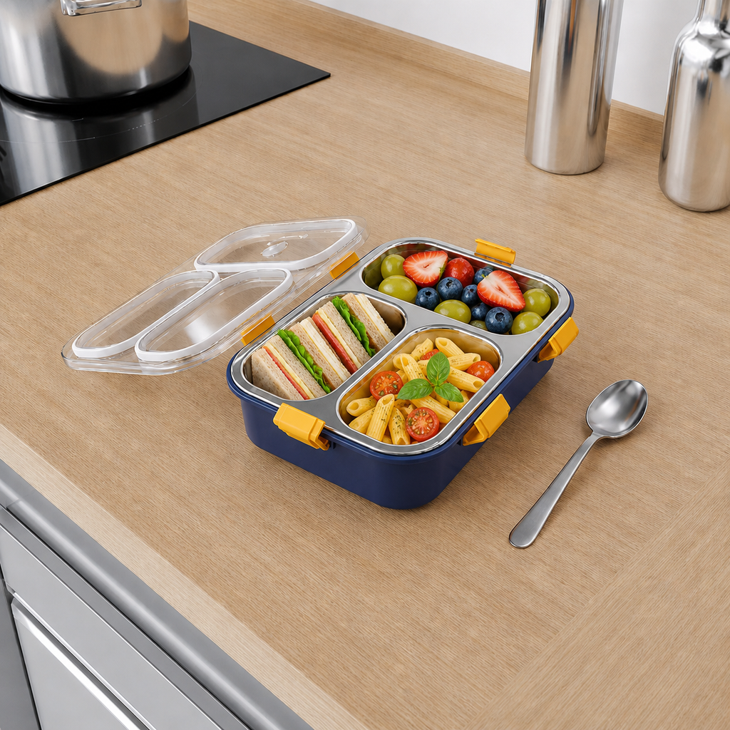 3 Compartment Stainless Steel Lunch Box | Leakproof Bento Lunch Box with Spoon | Airtight Food Storage Container (Blue/Yellow/Orange)