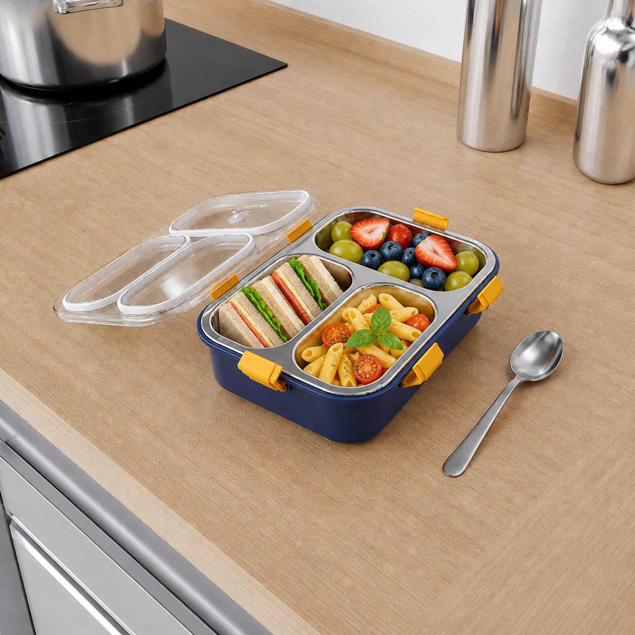 3 Compartment Stainless Steel Lunch Box | Leakproof Bento Lunch Box with Spoon | Airtight Food Storage Container (Blue/Yellow/Orange)