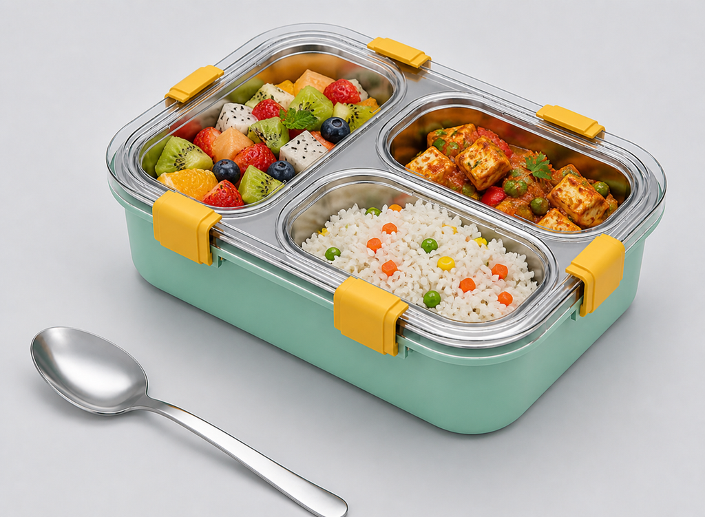 3 Compartment Stainless Steel Lunch Box | Leakproof Bento Lunch Box with Spoon | Airtight Food Storage Container (Blue/Yellow/Orange)