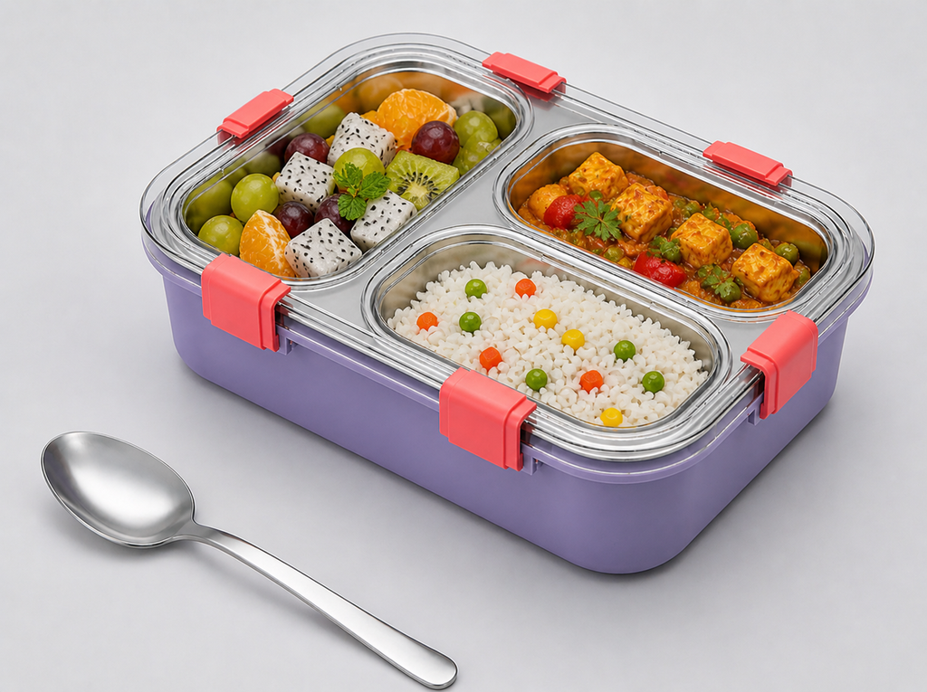 3 Compartment Stainless Steel Lunch Box | Leakproof Bento Lunch Box with Spoon | Airtight Food Storage Container (Blue/Yellow/Orange)