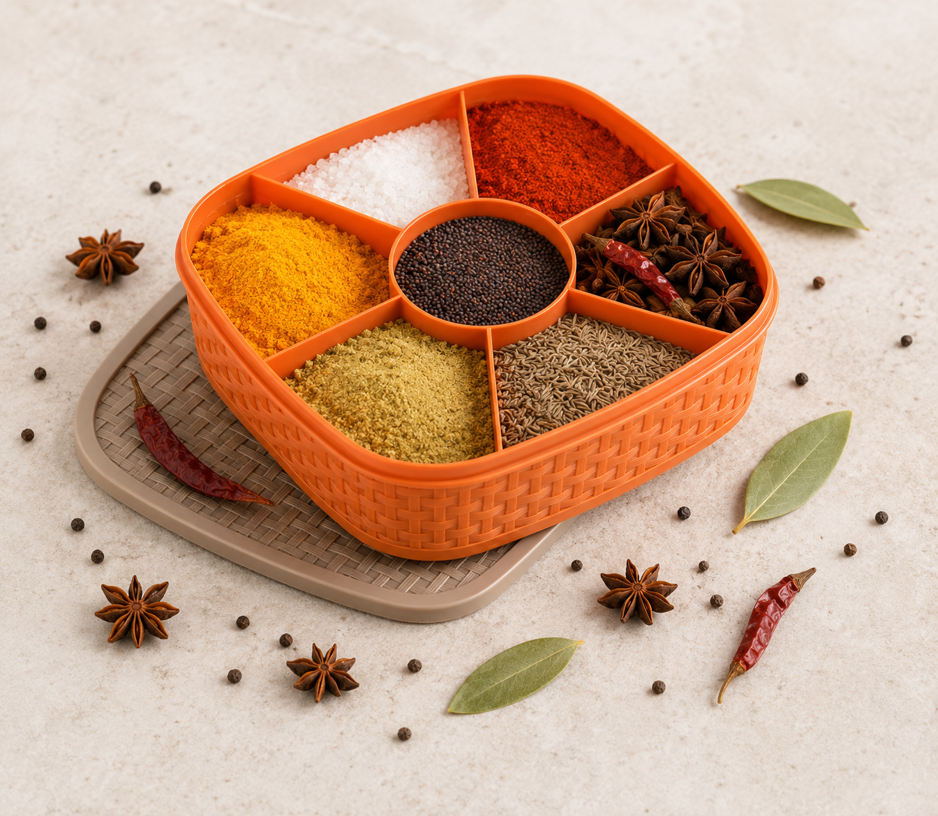 7-in-1 Masala Box with Tray | Plastic Spice Organizer Container | Kitchen Storage Dabba with Lid