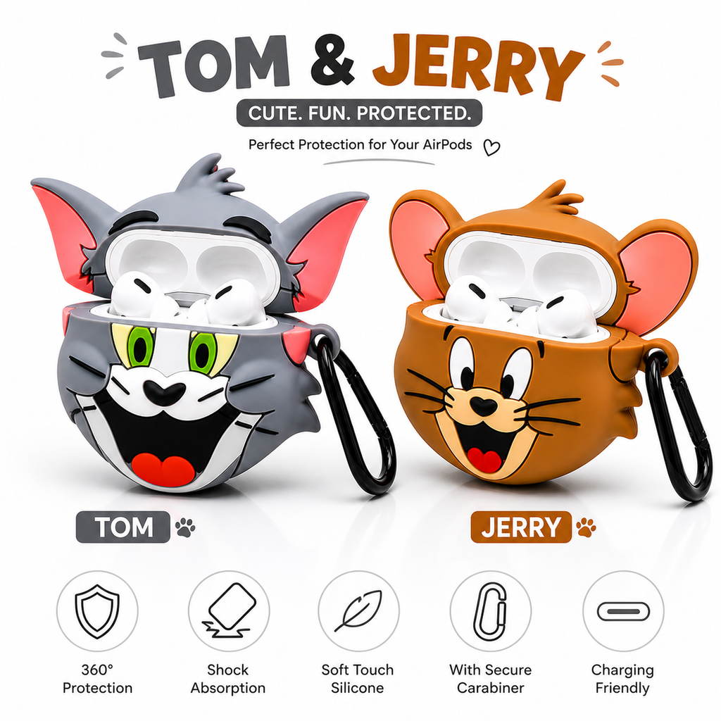 Tom & Jerry Silicone AirPods Case Cover with Keychain | Cute Cartoon Protective Case | Shockproof & Scratch Resistant | AirPods 1 / AirPods 2 / AirPods 3 / AirPods Pro