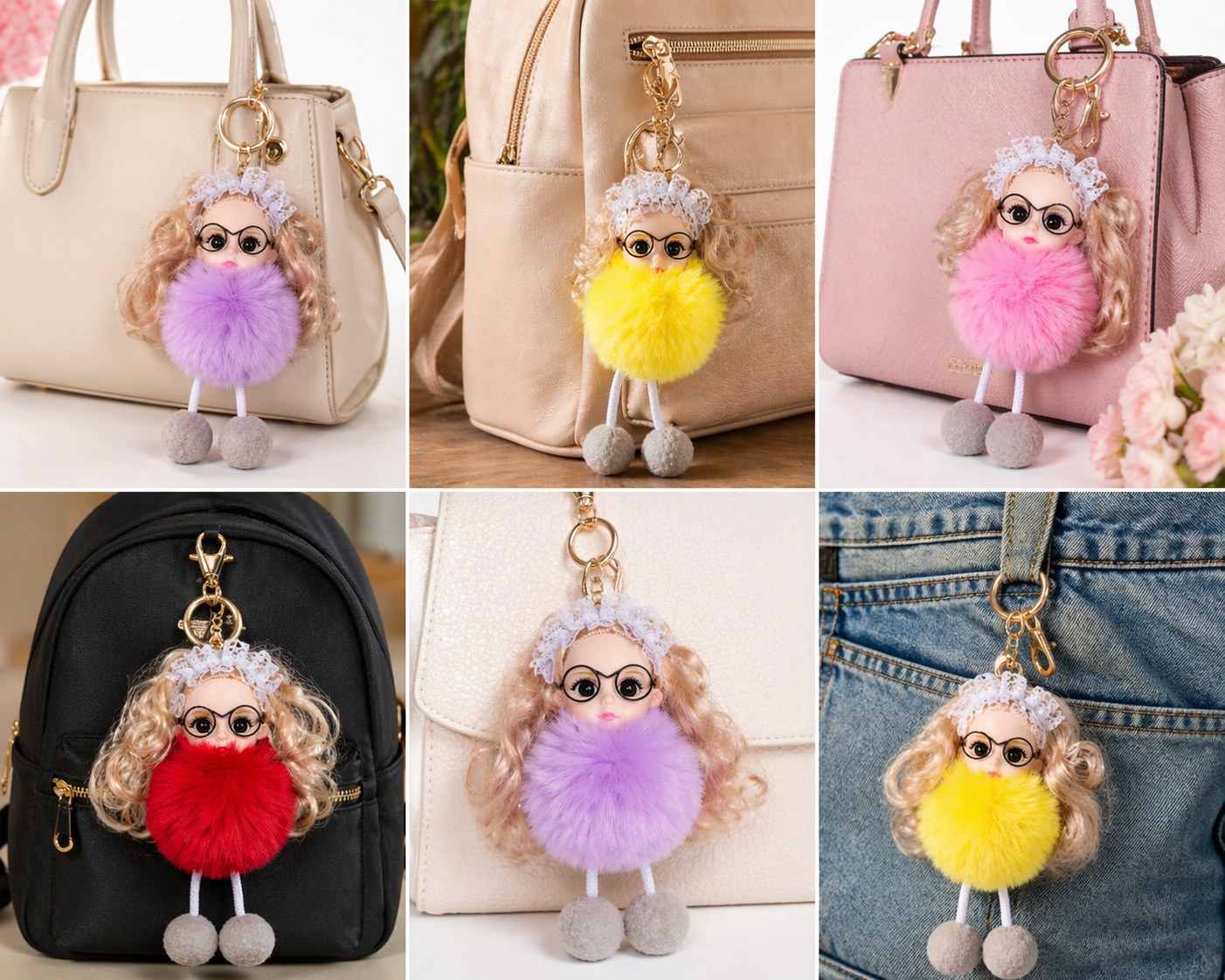 Cute Doll Keychain (Pack of 2) | Fluffy Pom Pom Bag Charm
