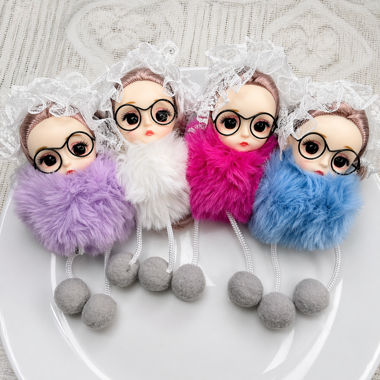 Cute Doll Keychain (Pack of 2) | Fluffy Pom Pom Bag Charm