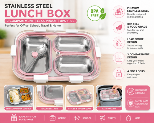 3 Compartment Stainless Steel Lunch Box | Leakproof Bento Lunch Box with Spoon | Airtight Food Storage Container (Blue/Yellow/Orange)