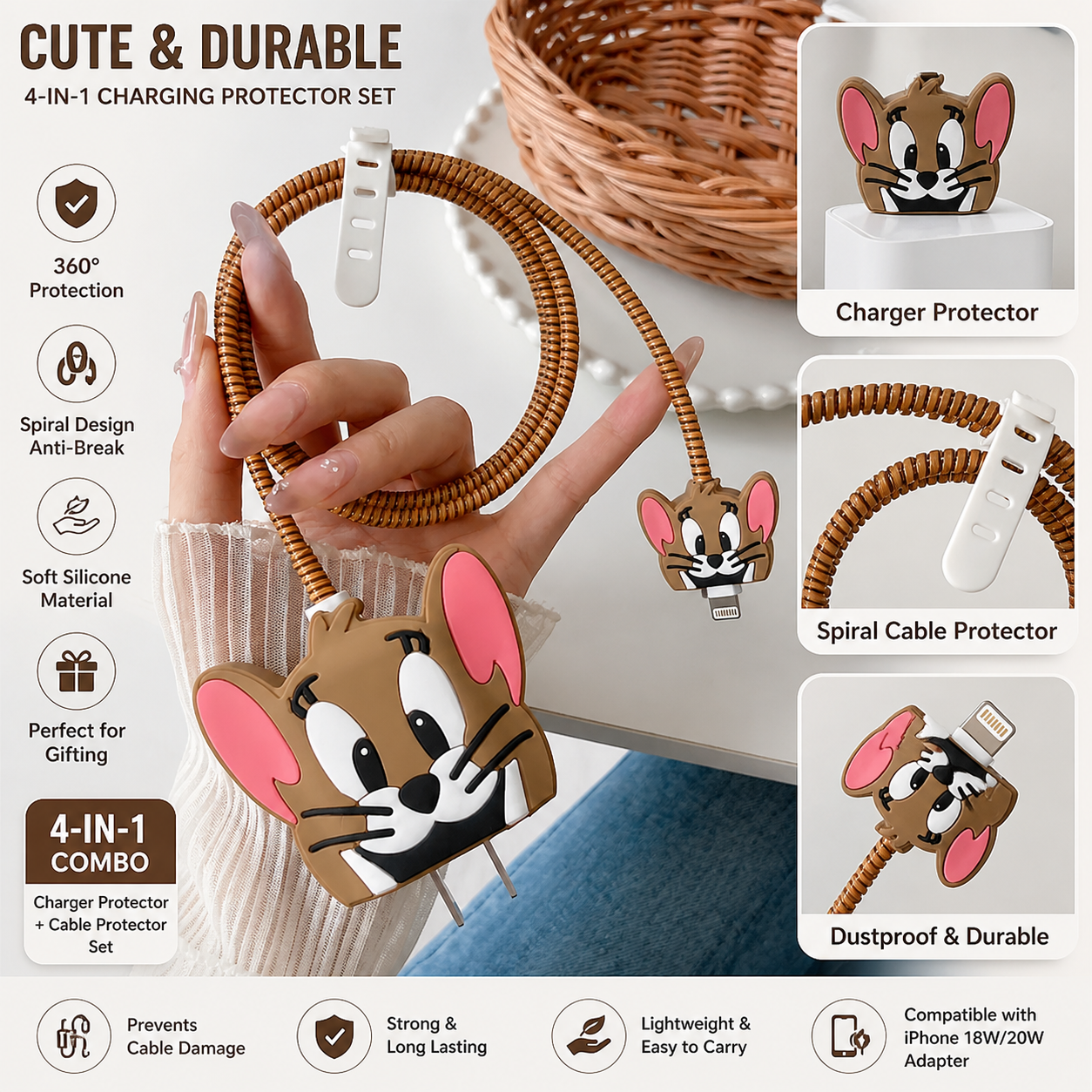 3D Cute Cable Protector for iPhone (18W & 20W) | Silicone Anti-Break Charger Saver