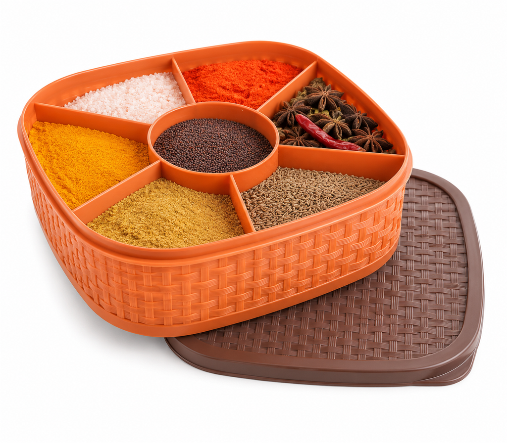 7-in-1 Masala Box with Tray | Plastic Spice Organizer Container | Kitchen Storage Dabba with Lid
