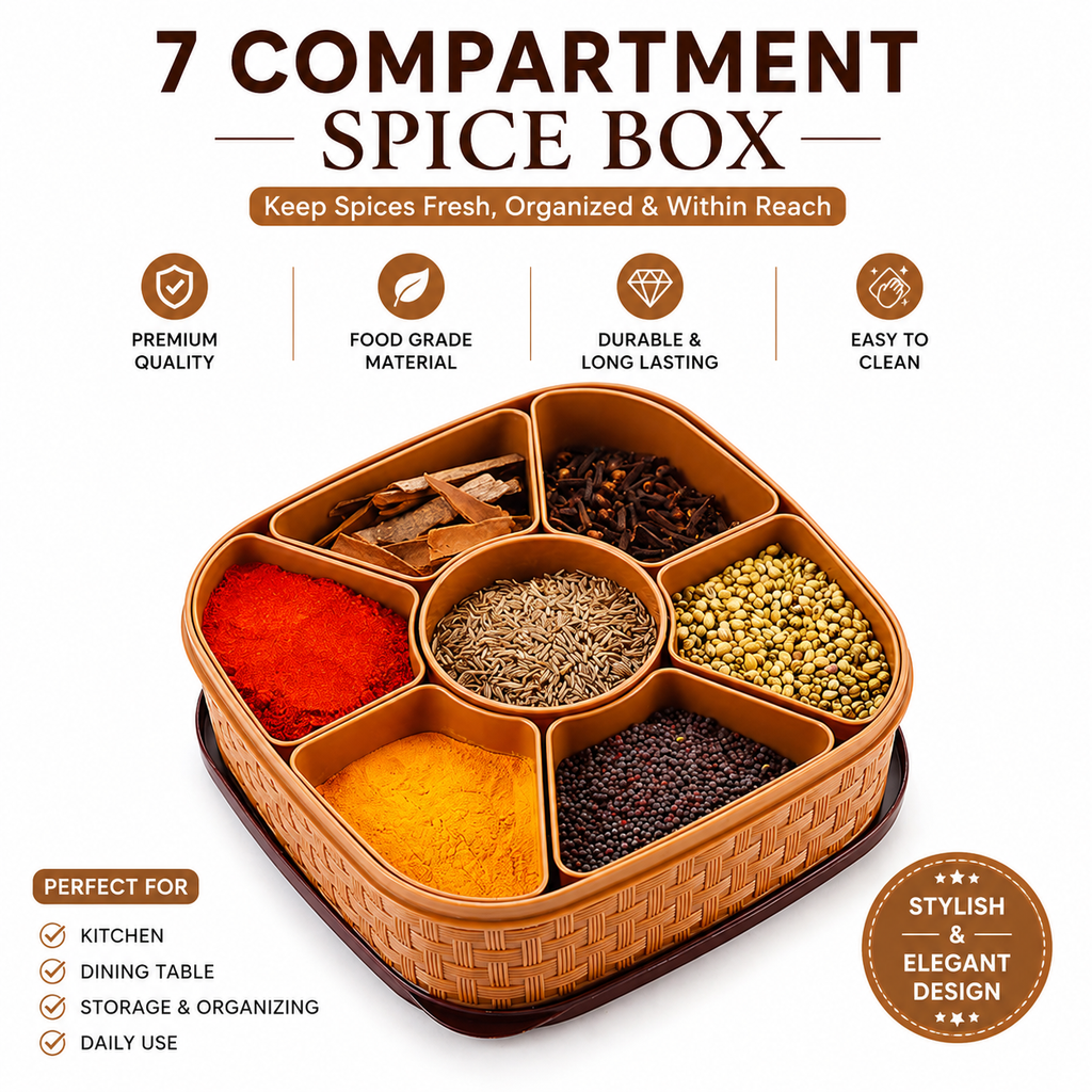 7-in-1 Masala Box with Tray | Plastic Spice Organizer Container | Kitchen Storage Dabba with Lid